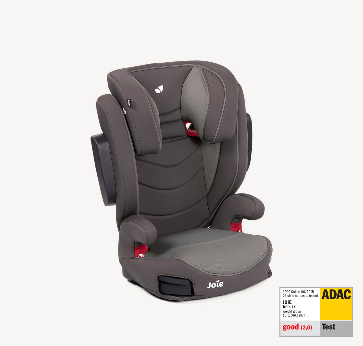  Joie trillo lx belted booster seat in dark gray positioned at a right angle, with the ADAC test label in the lower right corner.