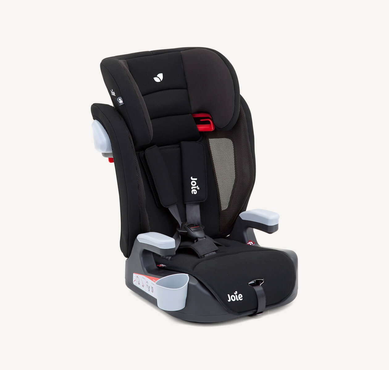 Joie Elevate booster car seat with 5-point harness in a black and red two tone colour, at an angle facing to the right.