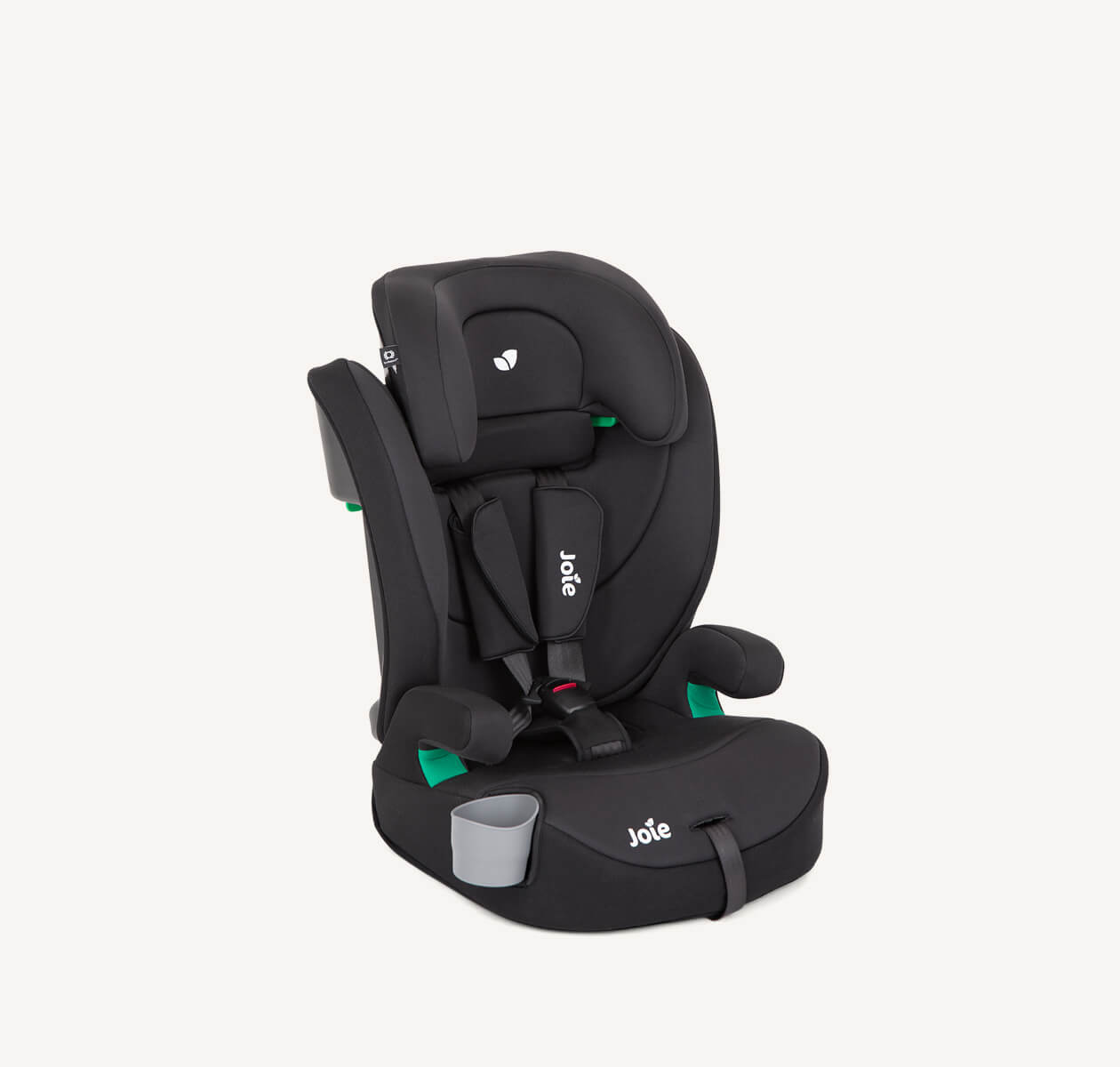 Joie elevate R129 harnessed car seat booster in black at an angle. 