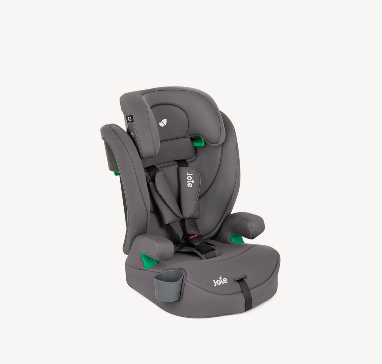 Joie elevate R129 harnessed car seat booster in gray at an angle. 