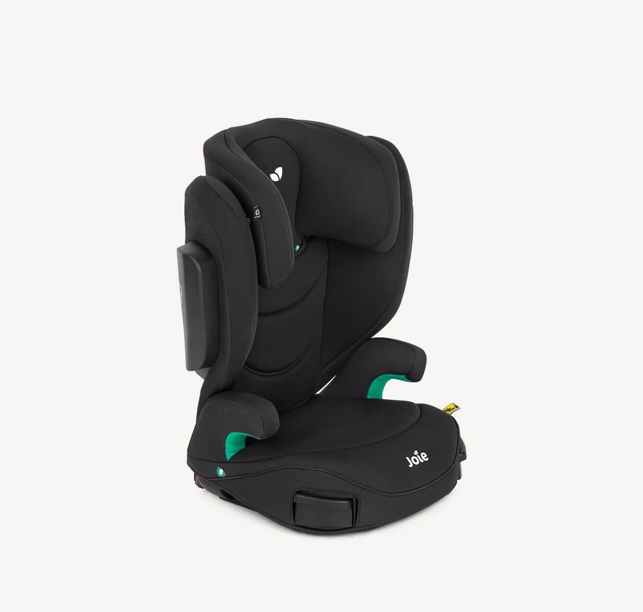 Rehausseur de siège à dossier haut i-Trillo FX, coloris noir, tourné vers la droite à un angle de 45 degrés avec têtière abaissée en position maximale.