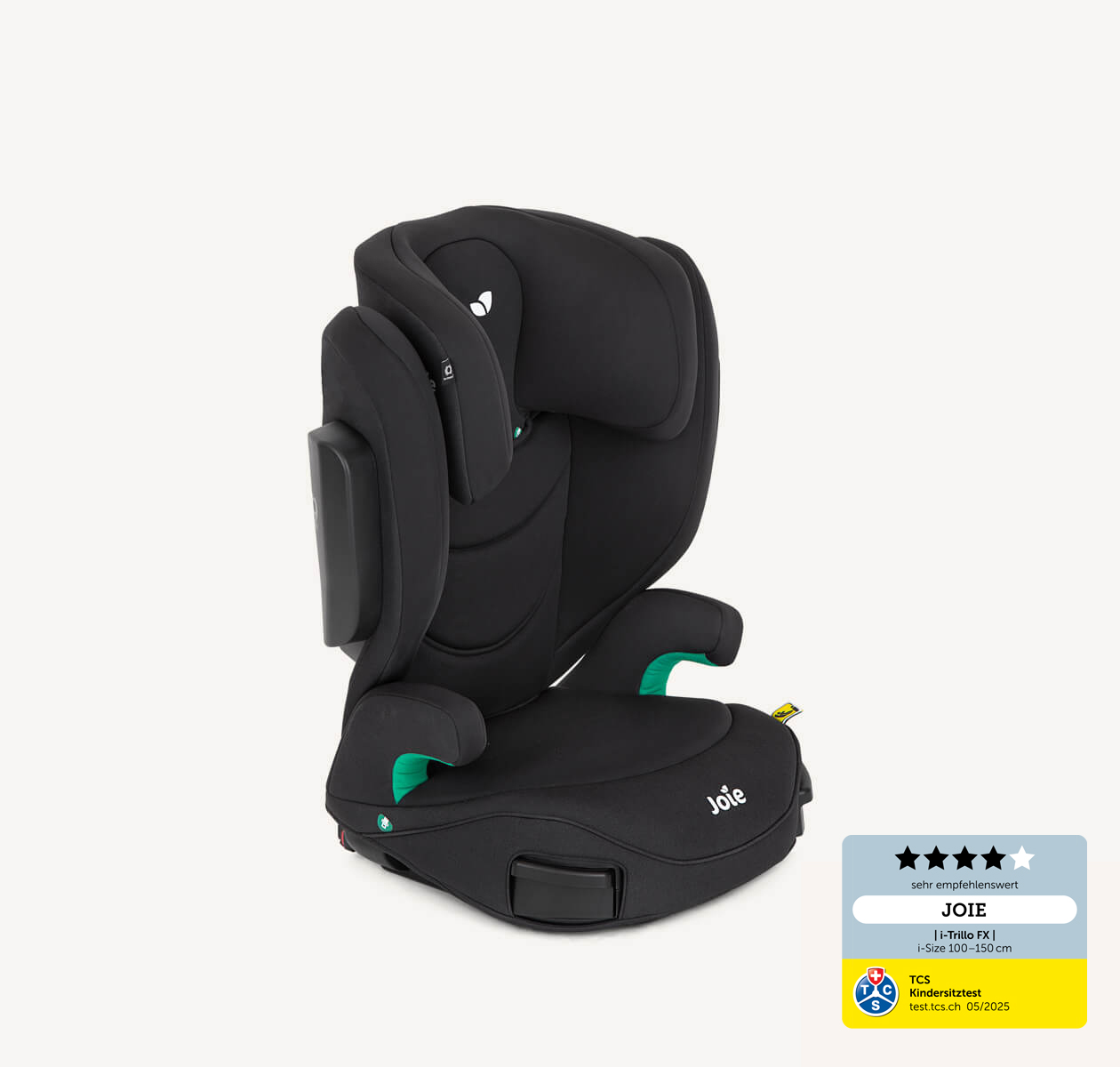 Schwarzer i-Trillo FX Autokindersitz mit hoher Rückenlehne, im 45-Grad-Winkel nach rechts zeigend, Kopfstütze in niedrigster Position.