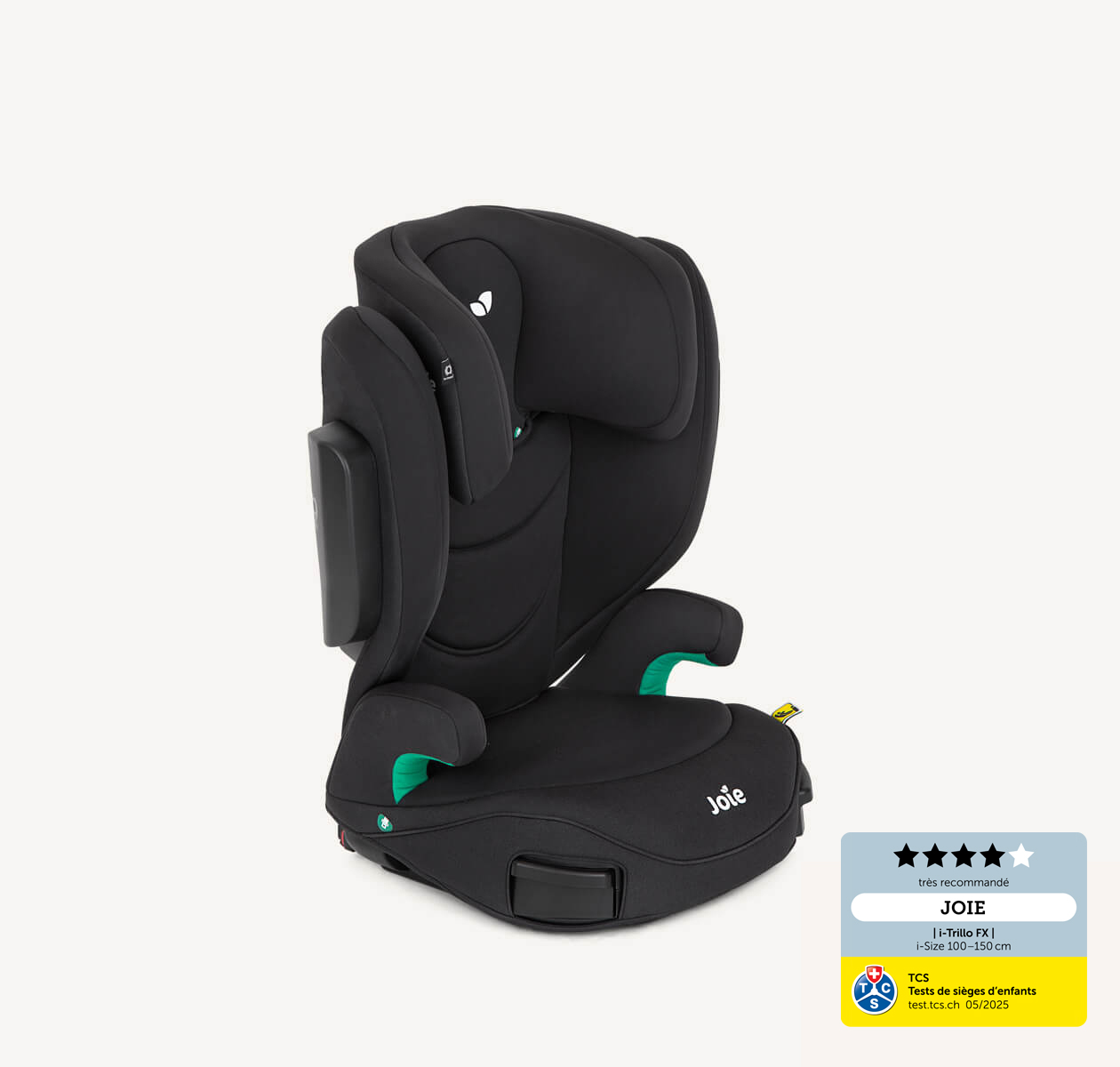 Rehausseur de siège à dossier haut i-Trillo FX, coloris noir, tourné vers la droite à un angle de 45 degrés avec têtière abaissée en position maximale.