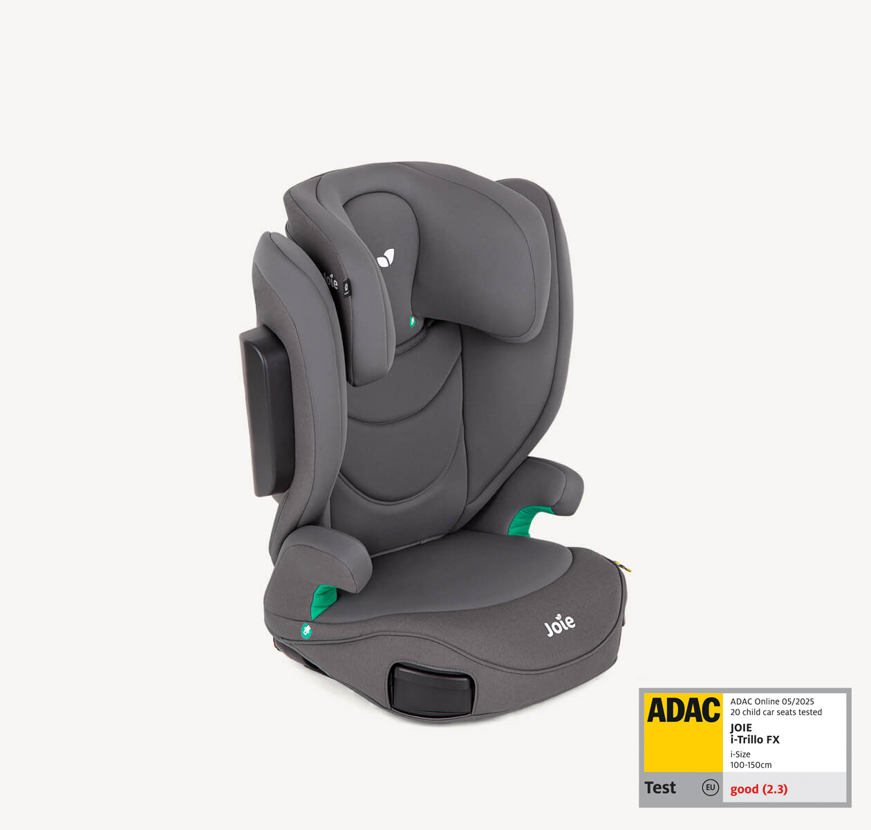 Gray i-Trillo FX  high back booster seat facing to the right at a 45 degree angle with the headrest in the lowest position.