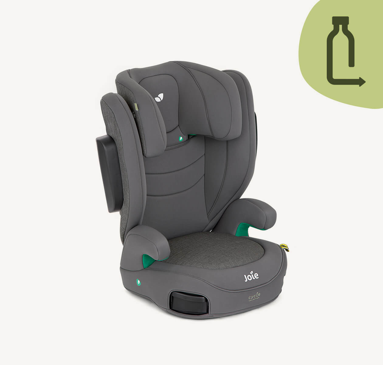 Graue I-Trillo Sitzerhöhung mit hoher Rückenlehne in einem 45-Grad-Winkel nach rechts gerichtet, wobei sich die Kopfstütze in der niedrigsten Position befindet.