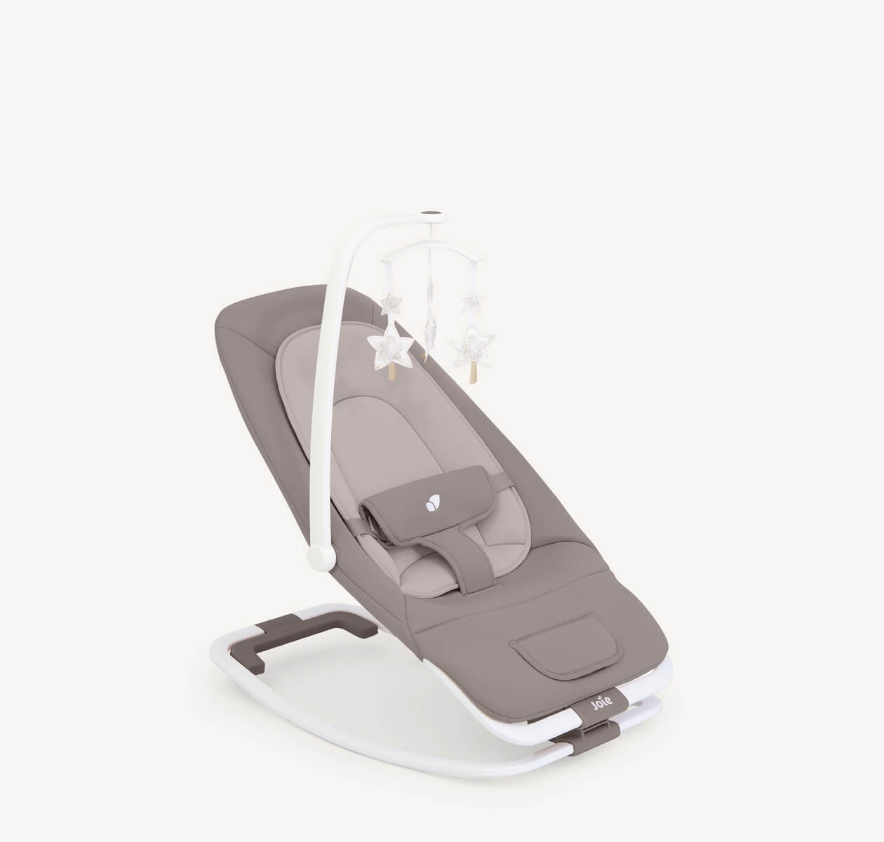 Joie Dreamer bouncer in light brown at a right angle.
