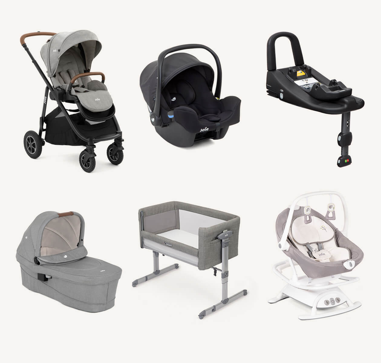 Collage showing all 6 products in the Joie Newborn Essentials bundle. Top row left to right: Versatrax pram, I-Snug 2 infant car seat, I-Base Advance car seat base. Bottom row left to right: Ramble XL carry cot, Roomie Glide bedside crib, Sansa 2in1 glide