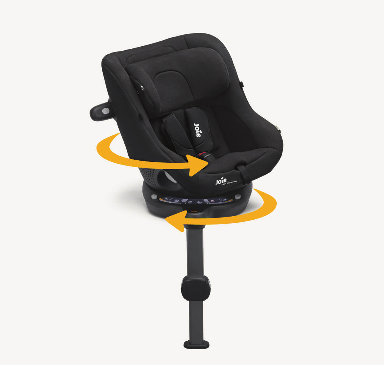 Joie i-Spin 360 Compact car seat in black fashion facing straight on with the seat turning right with headrest in lowest position. Curved orange arrows surround the product to indicate a spinning motion.
