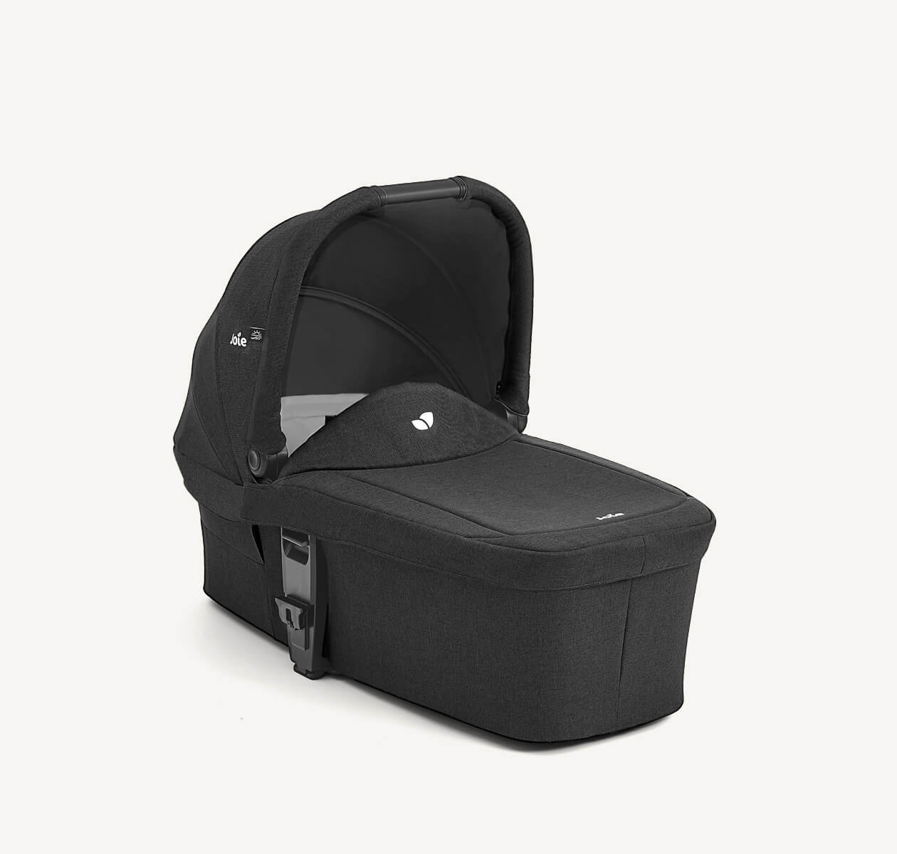 Joie chrome carry cot in black at a right angle.