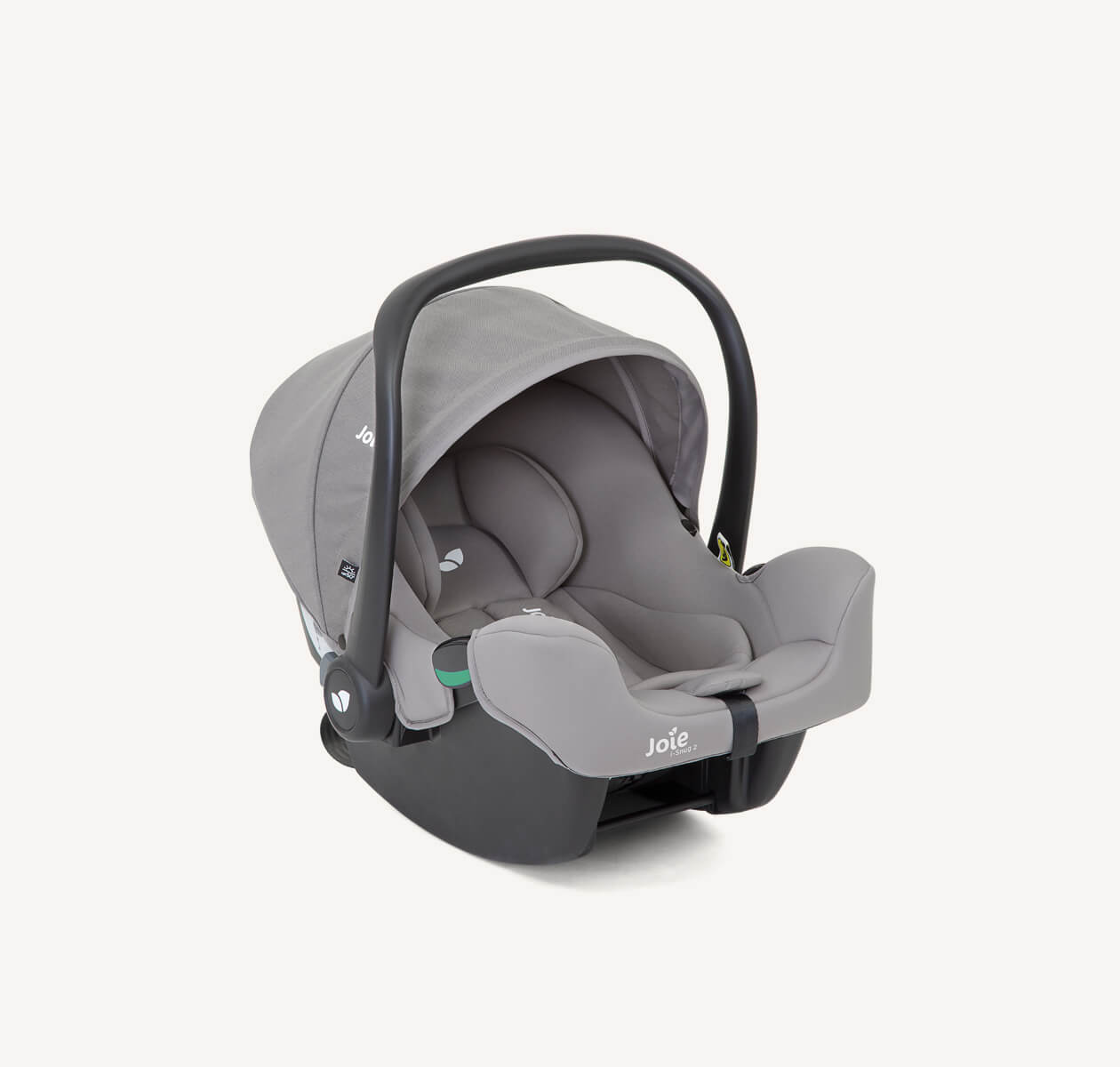 Siège-auto pour bébé Joie I-snug 2, coloris gris, avec pare-soleil et poignée relevés en position à angle droit.