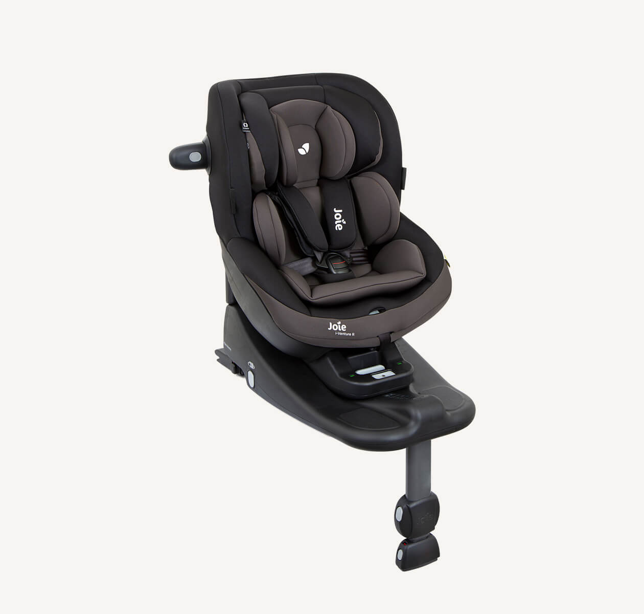  Joie I-Venture R toddler car seat in a two tone black color, attached to the I-Base Advance ISOFIX base, facing toward the right at an angle.