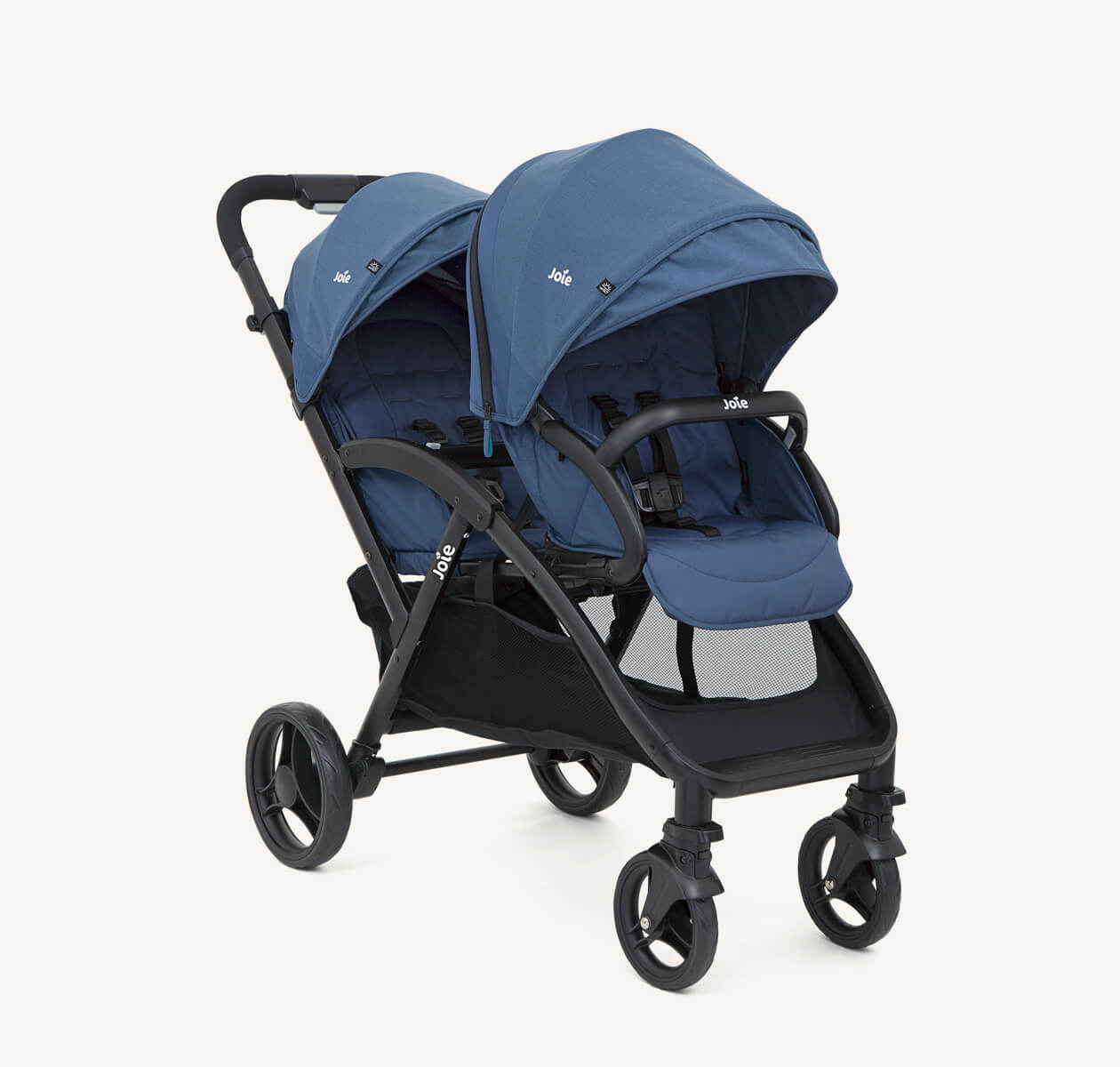 Joie evalite duo double buggy in blue at a right angle.