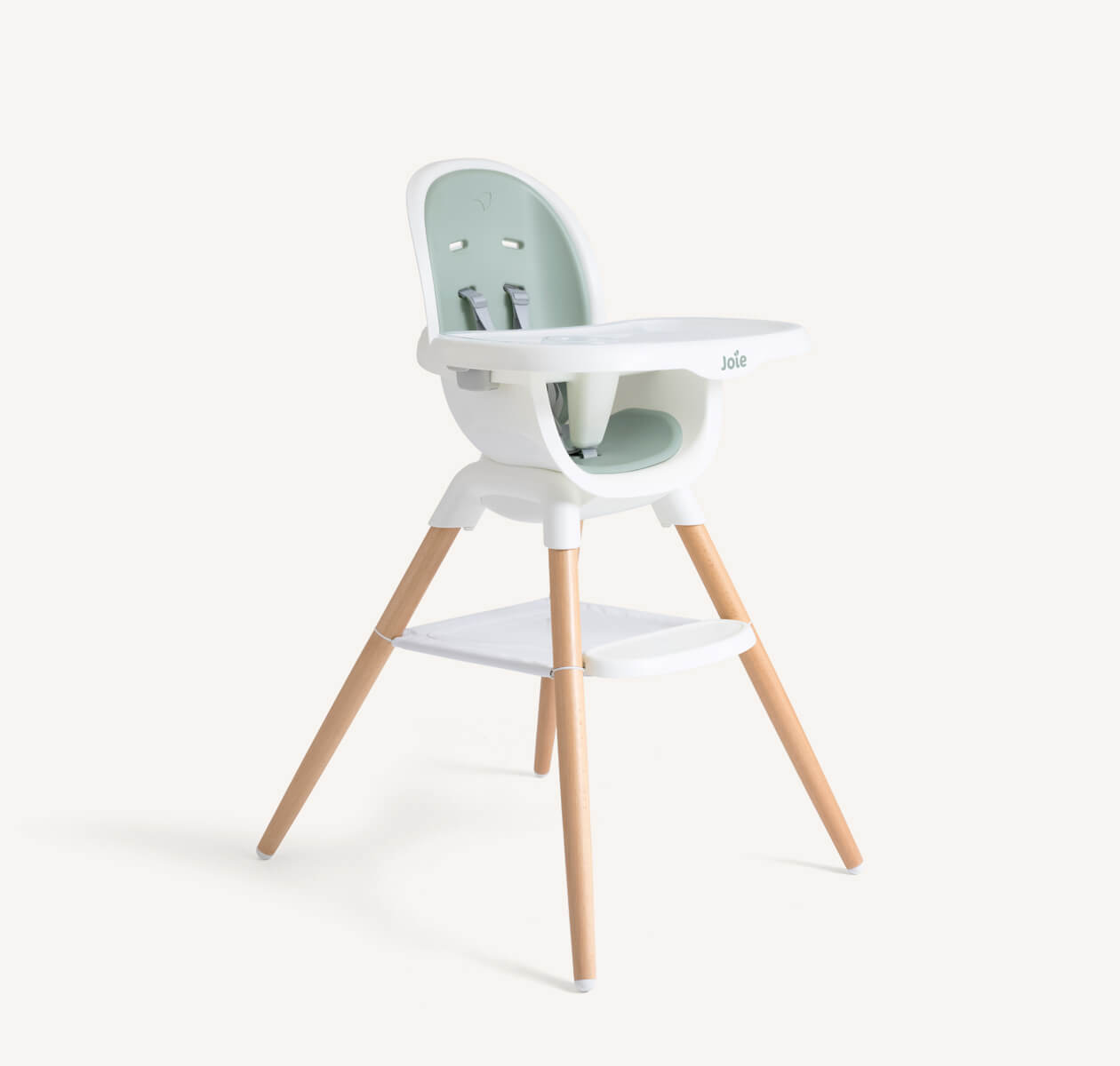 Joie chestnut highchair with tan seat pads facing to the right 