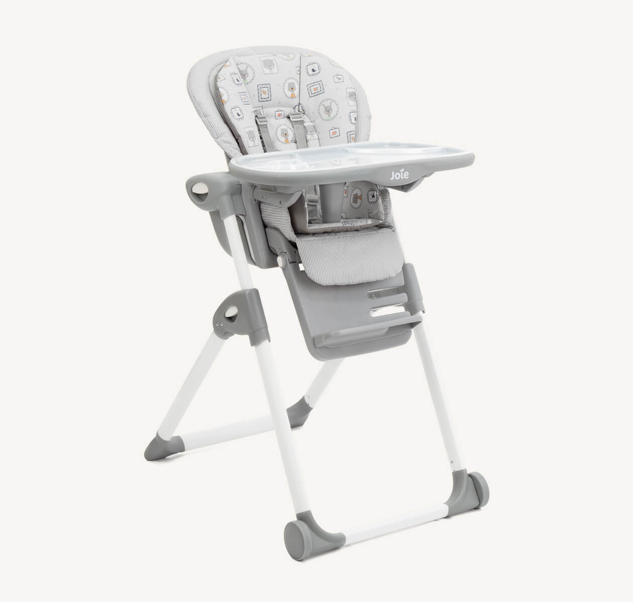 Chaise haute Joie Mimzy Recline utilisable dès la naissance, avec pieds blancs et gris, assise grise et insert gris à motifs représentant des portraits d’animaux, orientée vers la droite et vue en angle.