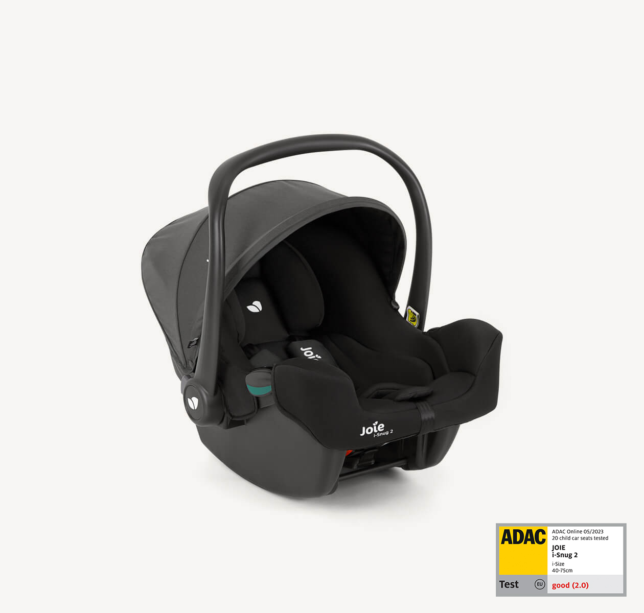 Joie I-snug 2 infant car seat in a two-tone black colour with canopy and handle up on a right angle position. 