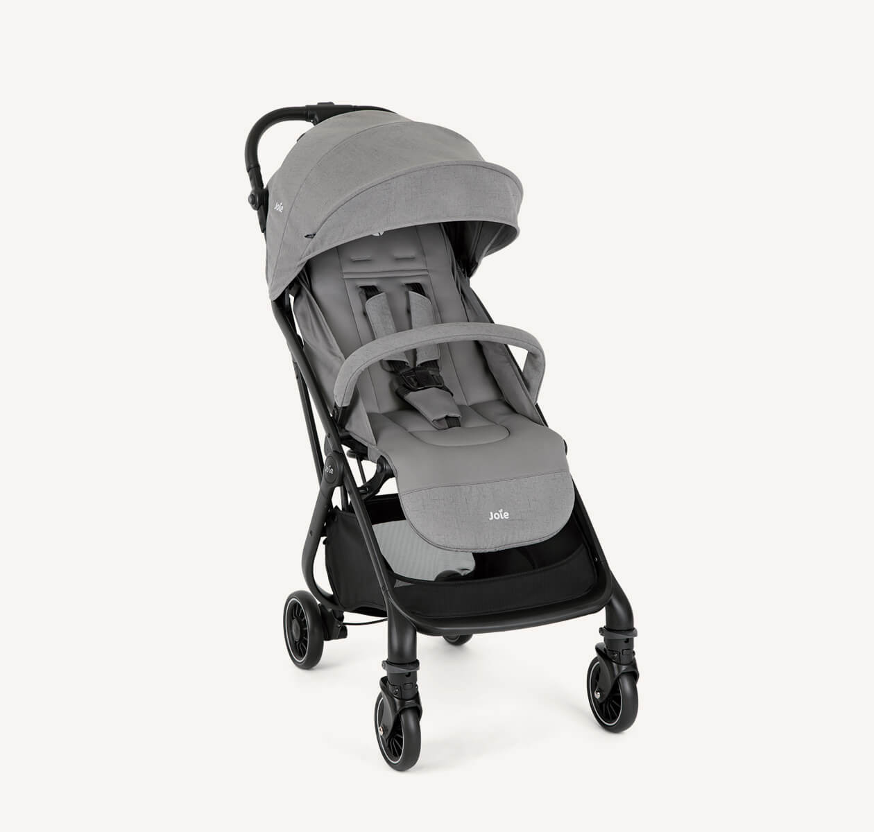 Joie gray tourist lightweight stroller at an angle.