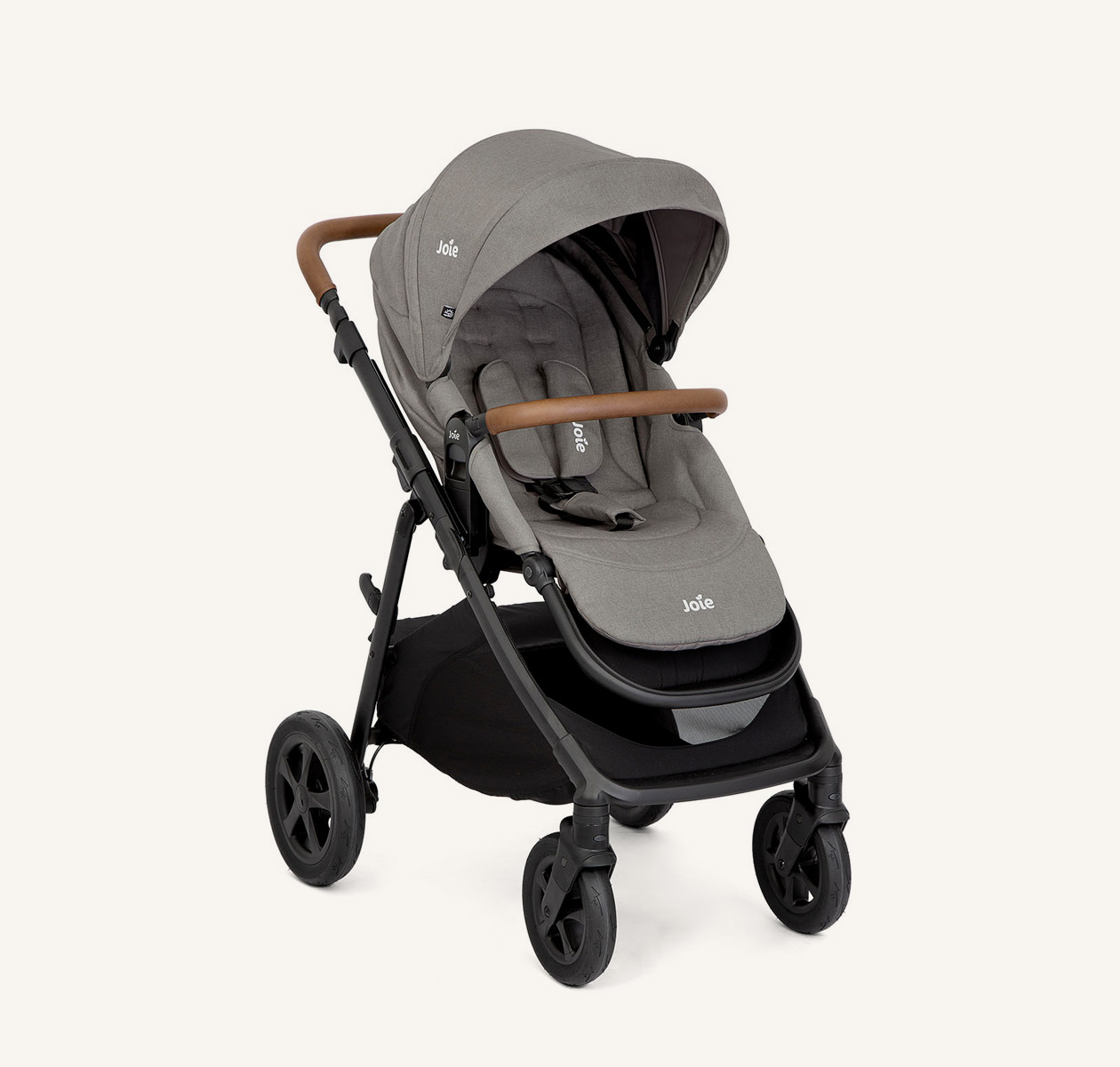 Joie alore stroller in gray at an angle. 