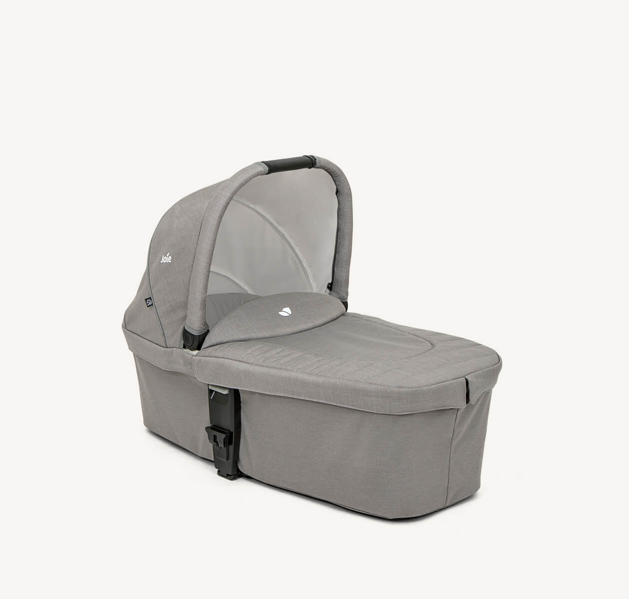  Joie chrome carry cot in light gray at a right angle. 