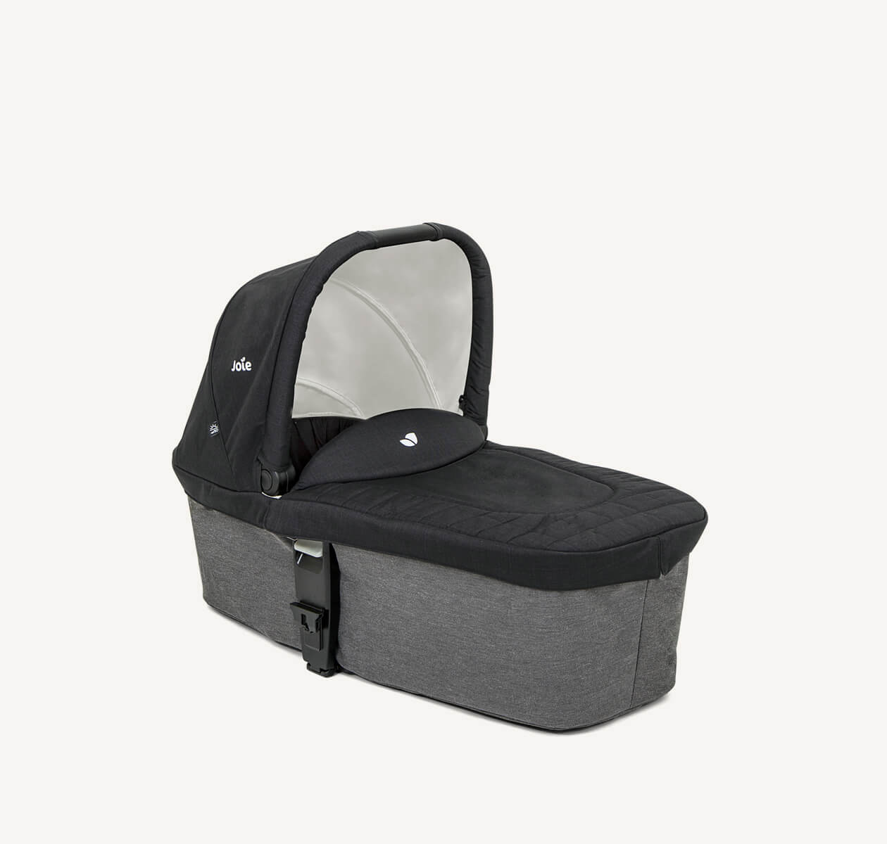  Joie chrome carry cot in black and gray at a right angle. 