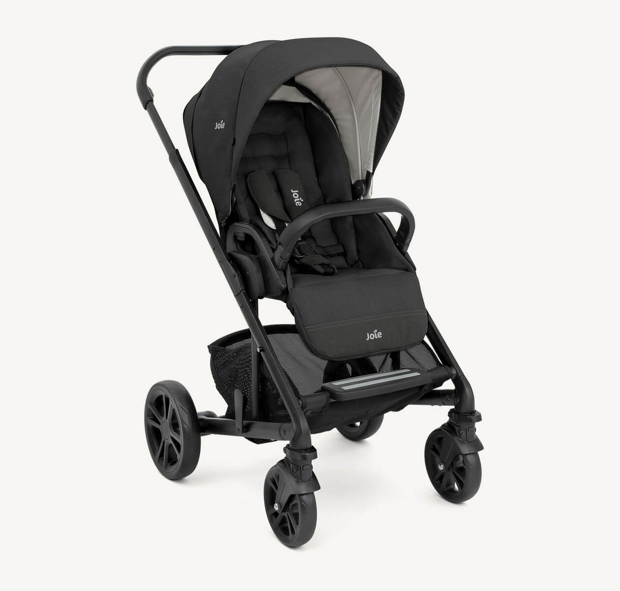  Joie Chrome pram in black, sitting at an angle facing to the right.