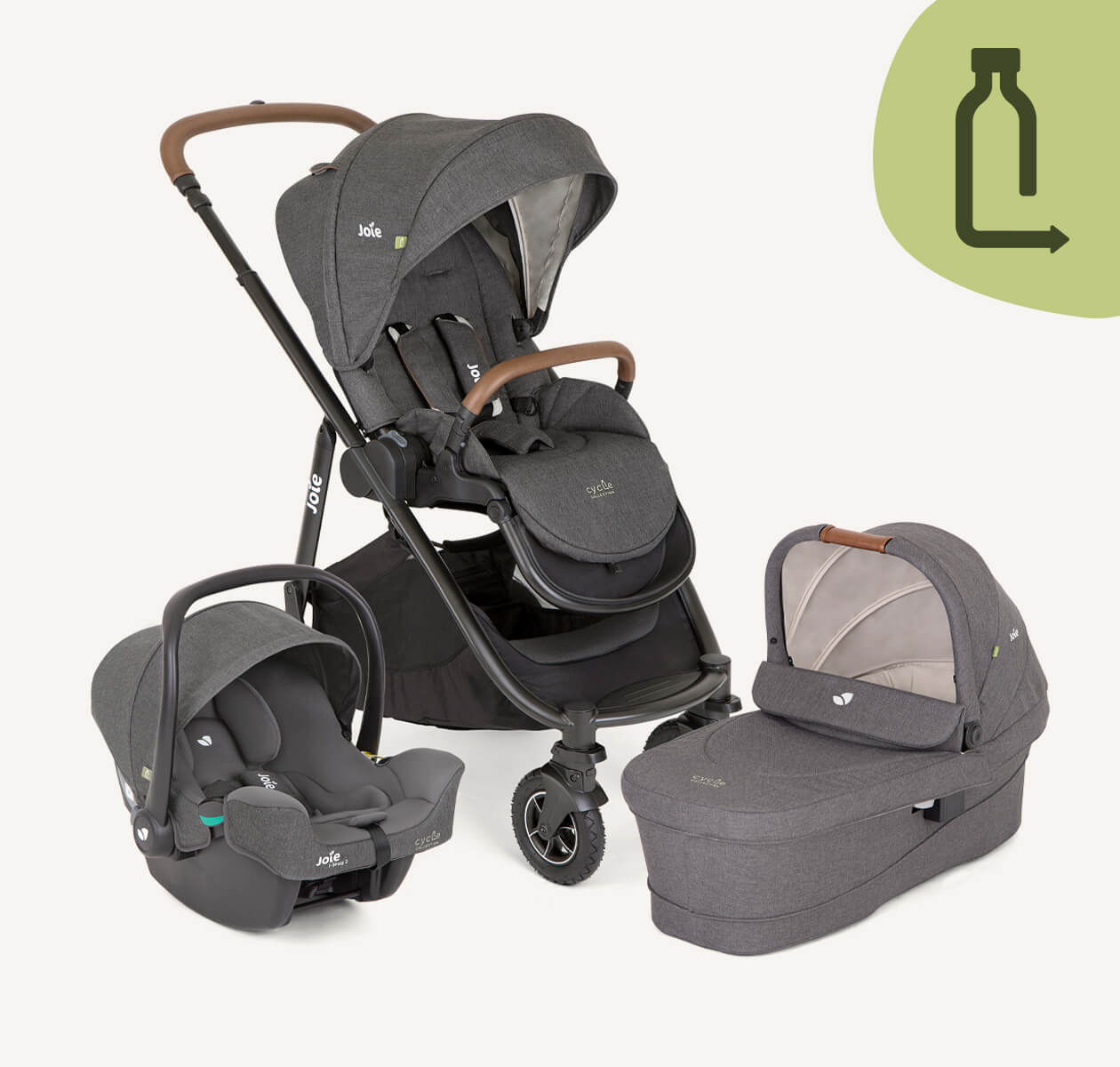 Alle 3 Produkte des Versatrax-Trios sind zusammen in Dunkelgrau abgebildet: Versatrax-Kinderwagen, Babyschale I-Snug 2 und Babytragetasche Ramble XL.