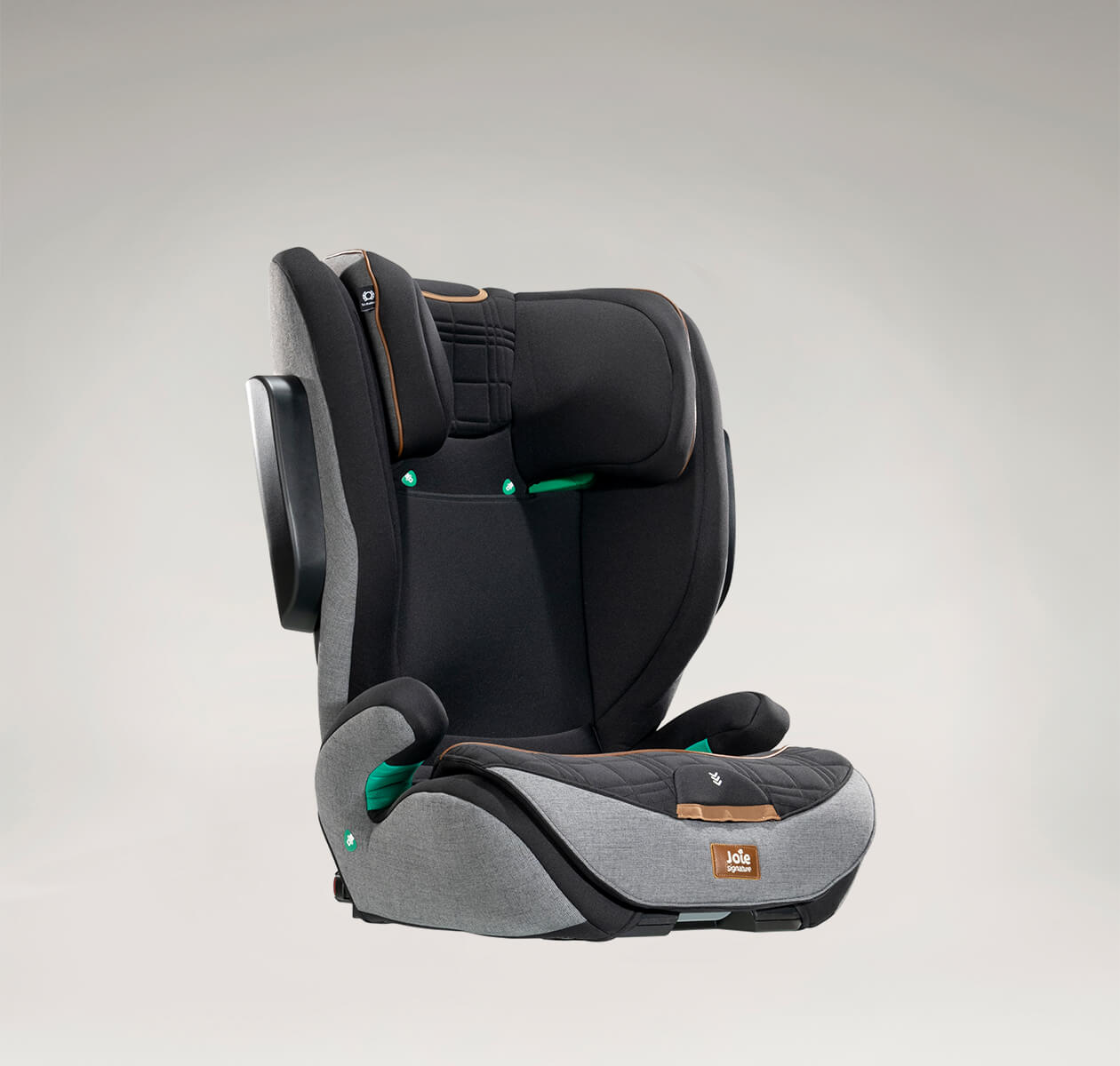 Joie i-Traver booster seat in black and gray at an angle.