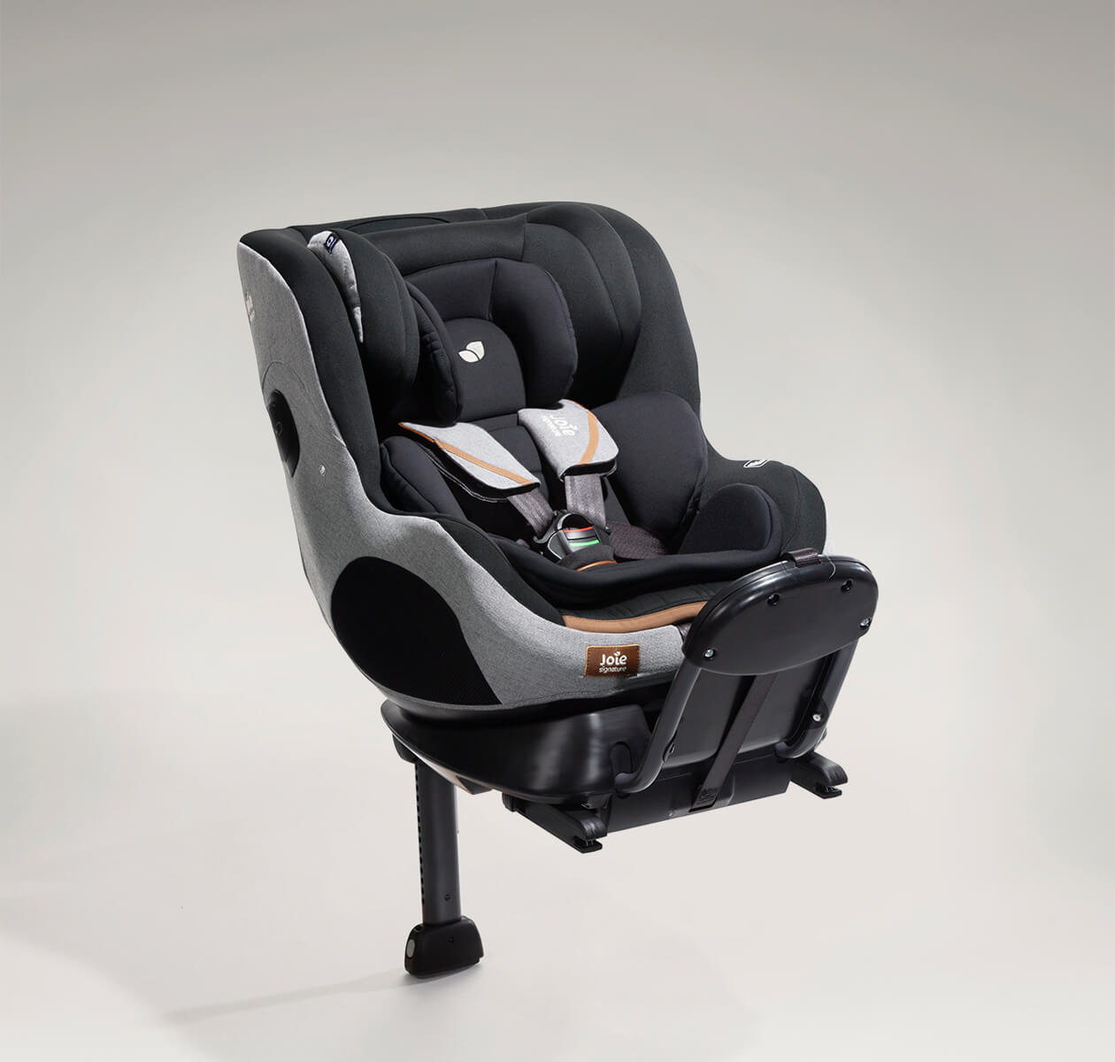  Joie Signature I-Prodigi in carbon gray and black with infant insert in and on a right angle