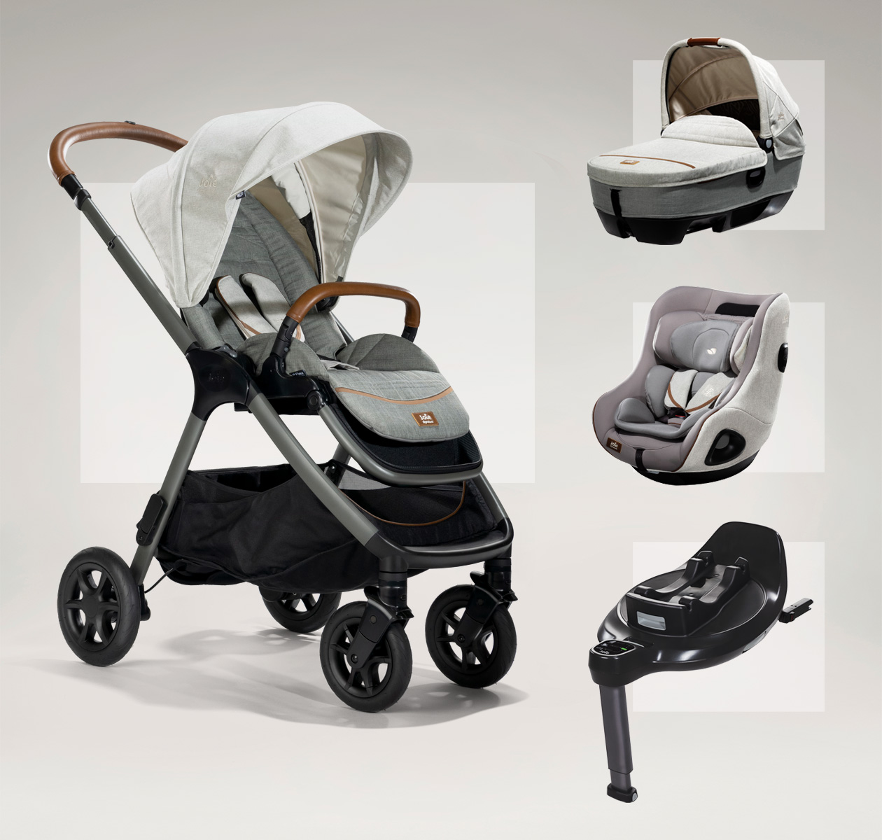 A collage showing 4 gray products in Joie’s grow ready bundle: the Finiti pram, Calmi R129 carry cot, I-Harbour toddler seat, and I-Base Encore.