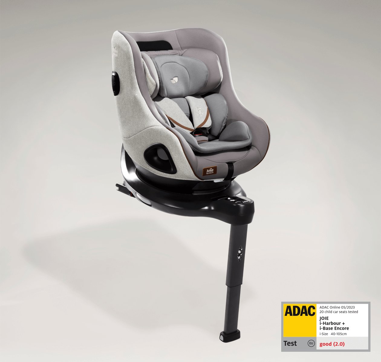 Light gray Joie i-Harbour car seat at an angle, with the ADAC test label in the lower right corner.