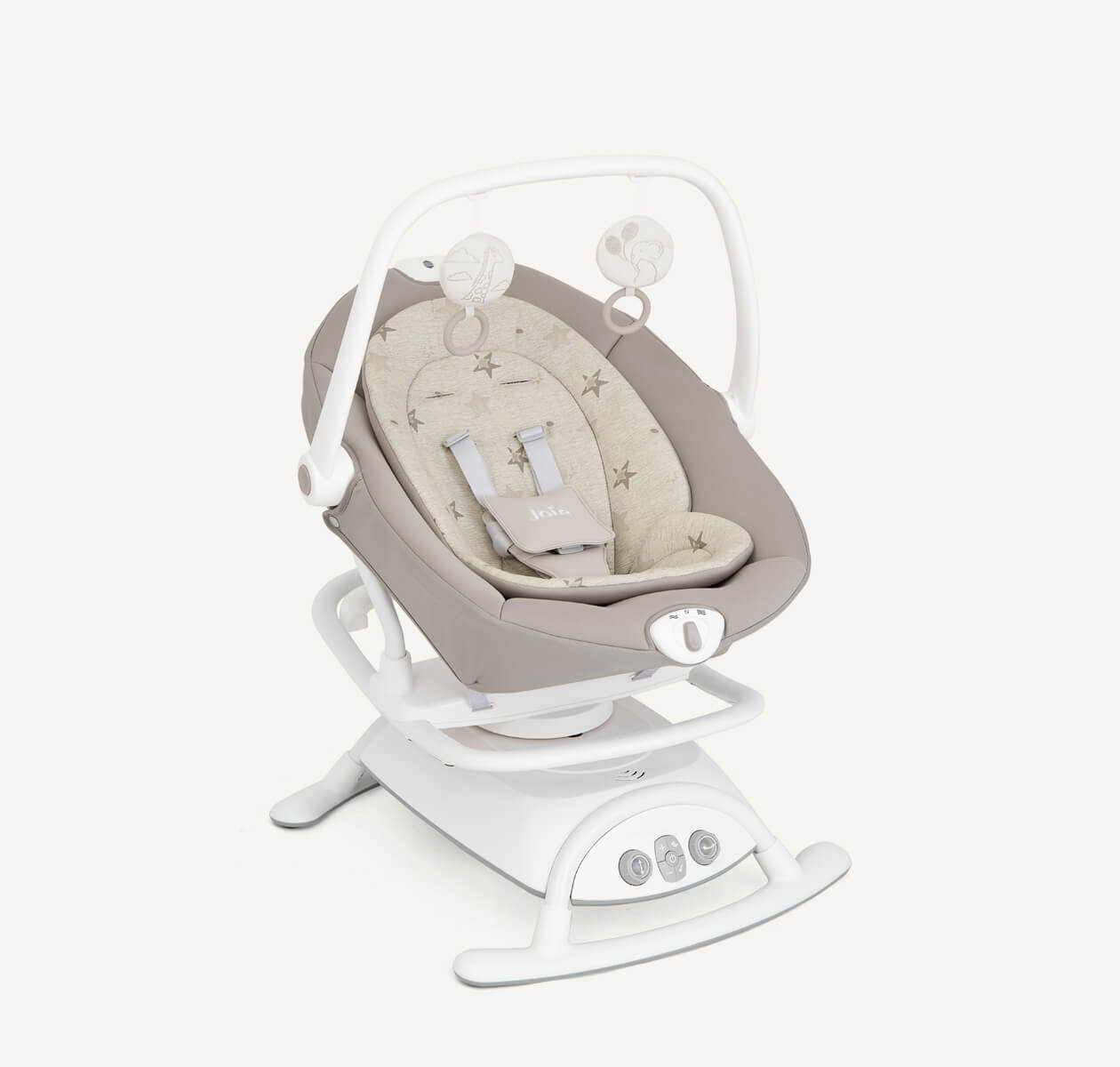 Joie sansa 2in1 swing with a two-tone tan and star printed seat cover at a right angle.