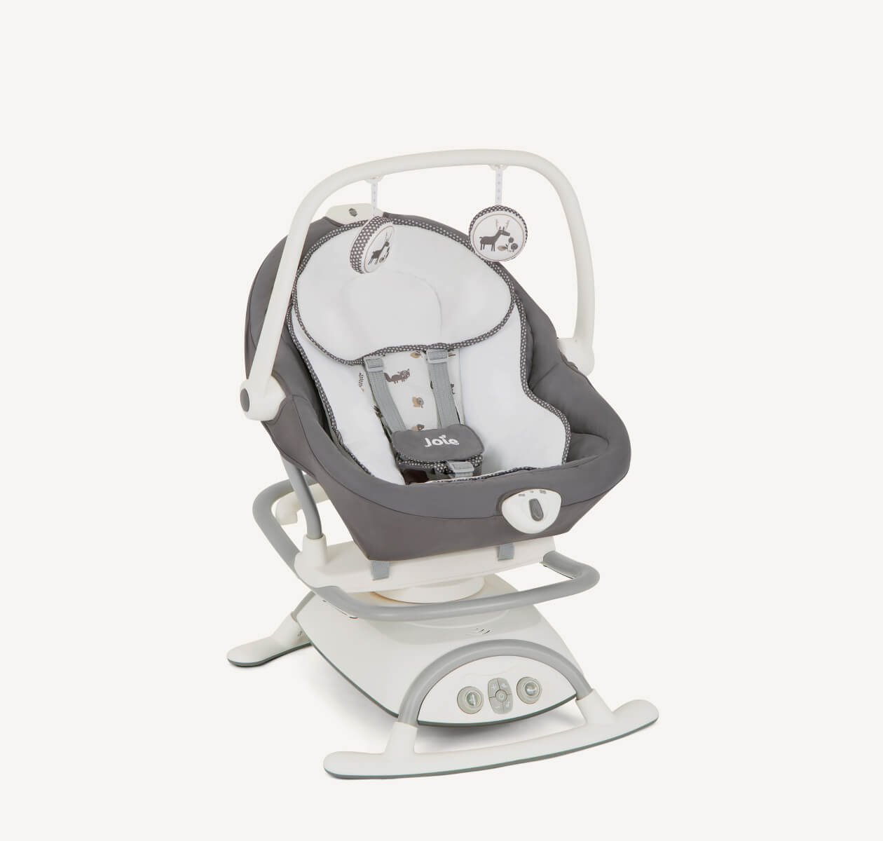 Joie Sansa 2in1 swing with a white and gray frame and dark gray seat pad with woodland animal print, at an angle facing right.