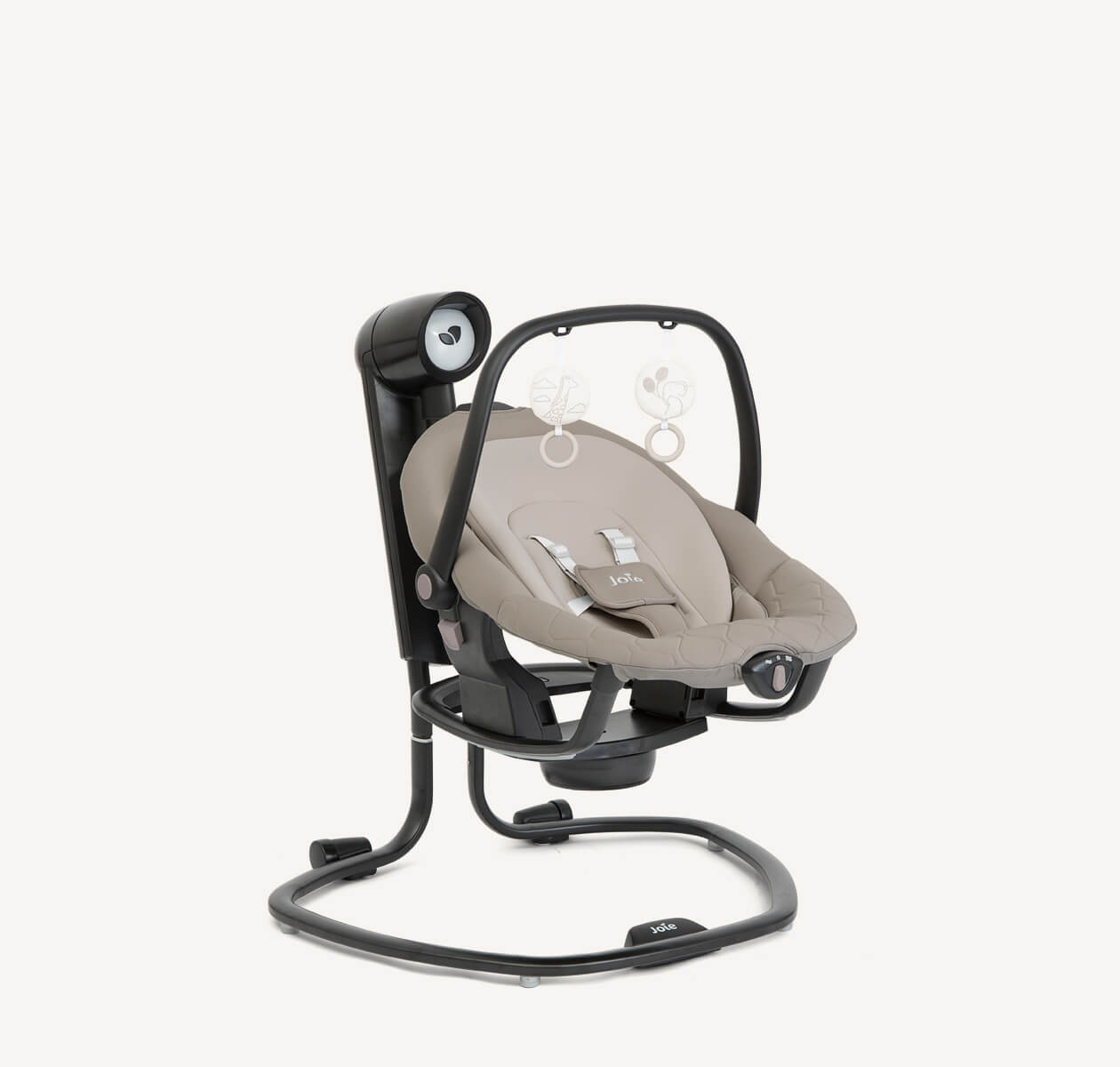 Balançoire Serina 2 en 1 avec cadre noir et coussin d'assise bicolore beige, orientée vers la droite en biais.