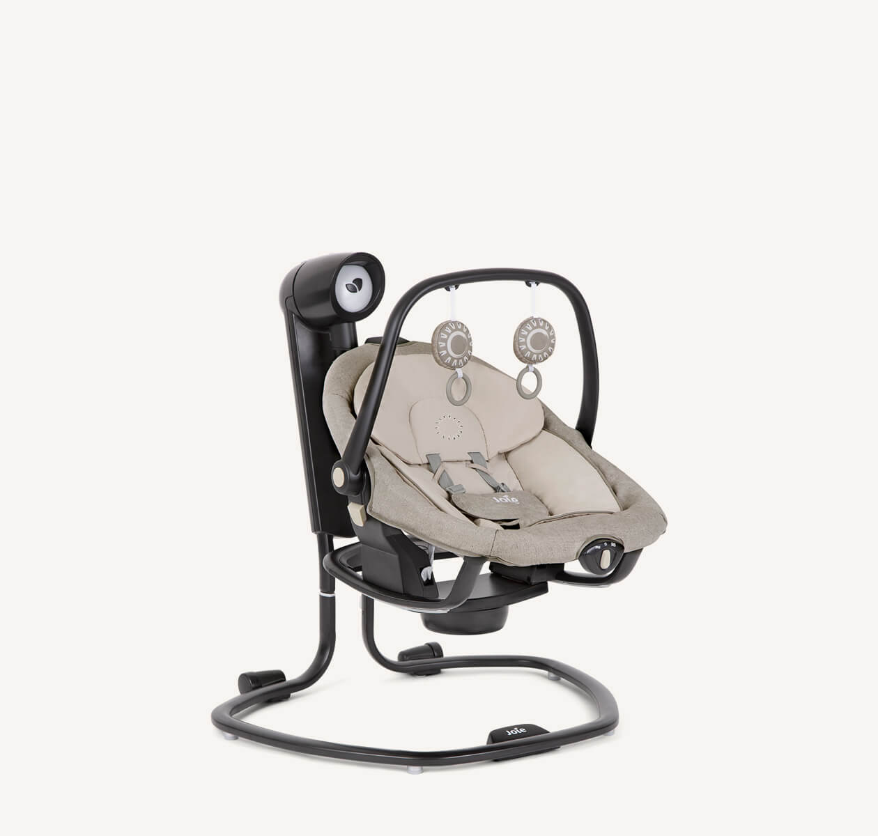 Serina 2in1 swing with a black frame and two tone tan seat pad, facing to the right at an angle.