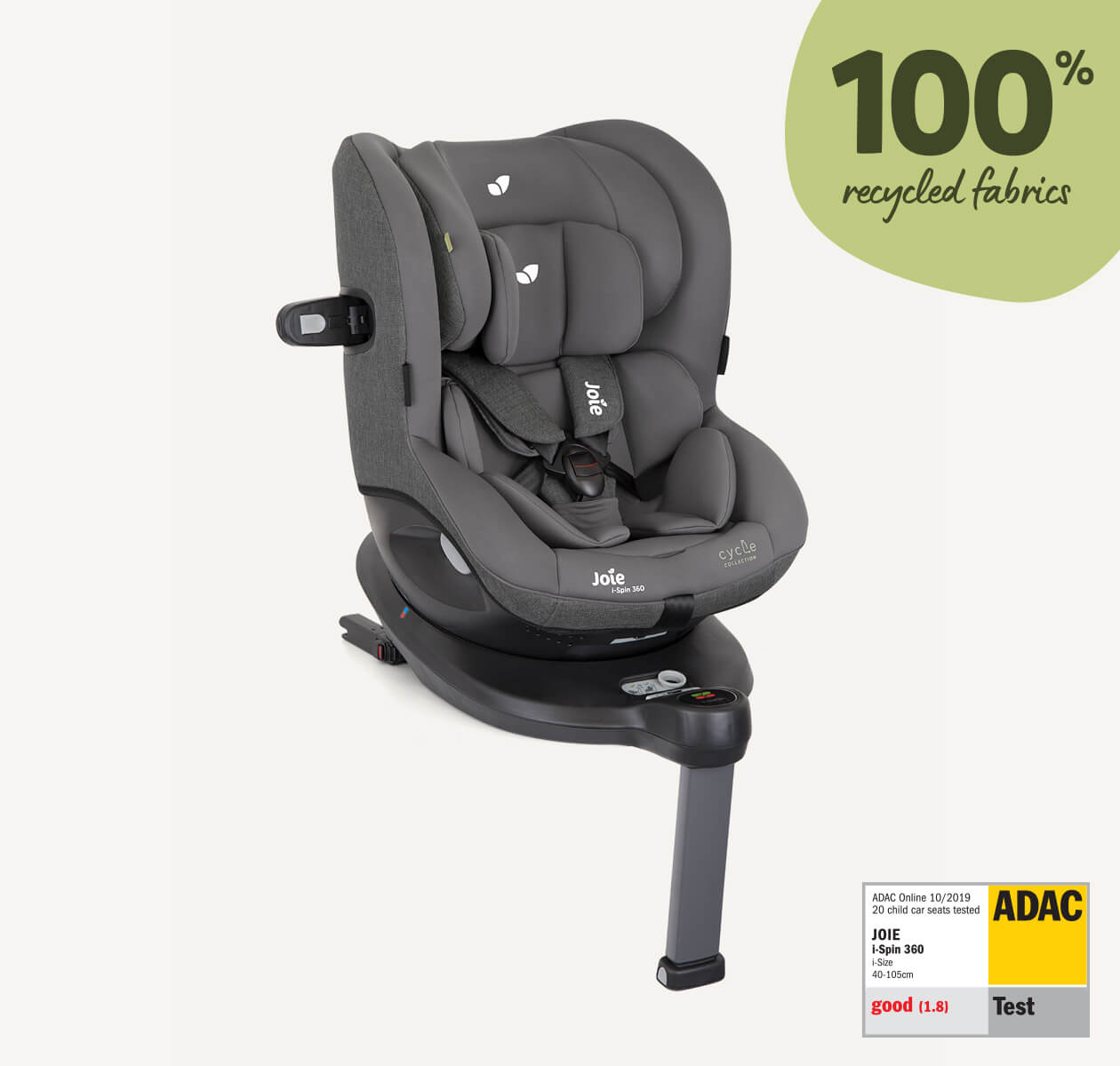 Gray Joie I-Spin 360 spinning car seat facing to the right at a 45 degree angle with the infant insert in and the headrest at the lowest position, with the ADAC test label in the lower right corner.