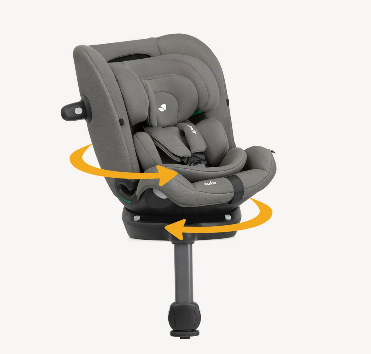 seggiolino auto girevole i-spin 360 max grigio che ruota verso destra con frecce arancioni di rotazione 
