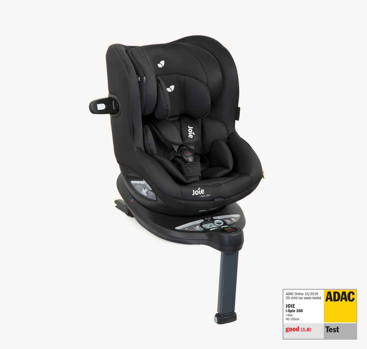  Joie I-Spin 360 spinning car seat in black at an angle, with the ADAC test label in the lower right corner.