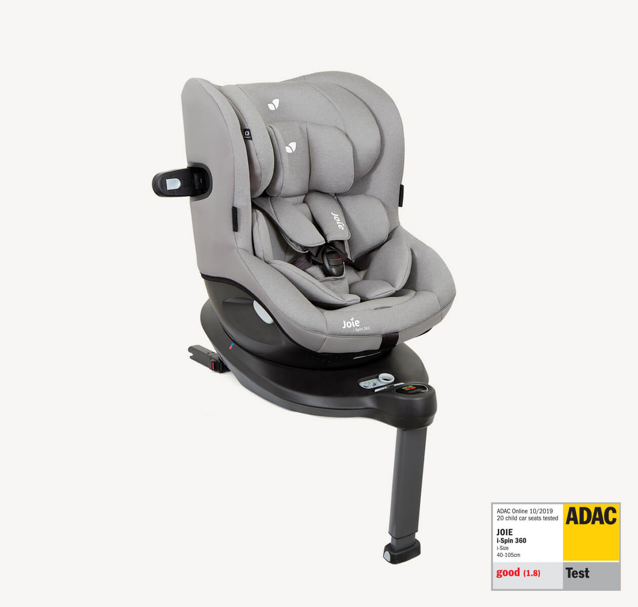  Silla de auto Joie I-Spin 360 giratoria en gris claro, en ángulo, con la etiqueta de prueba ADAC en la esquina inferior derecha.