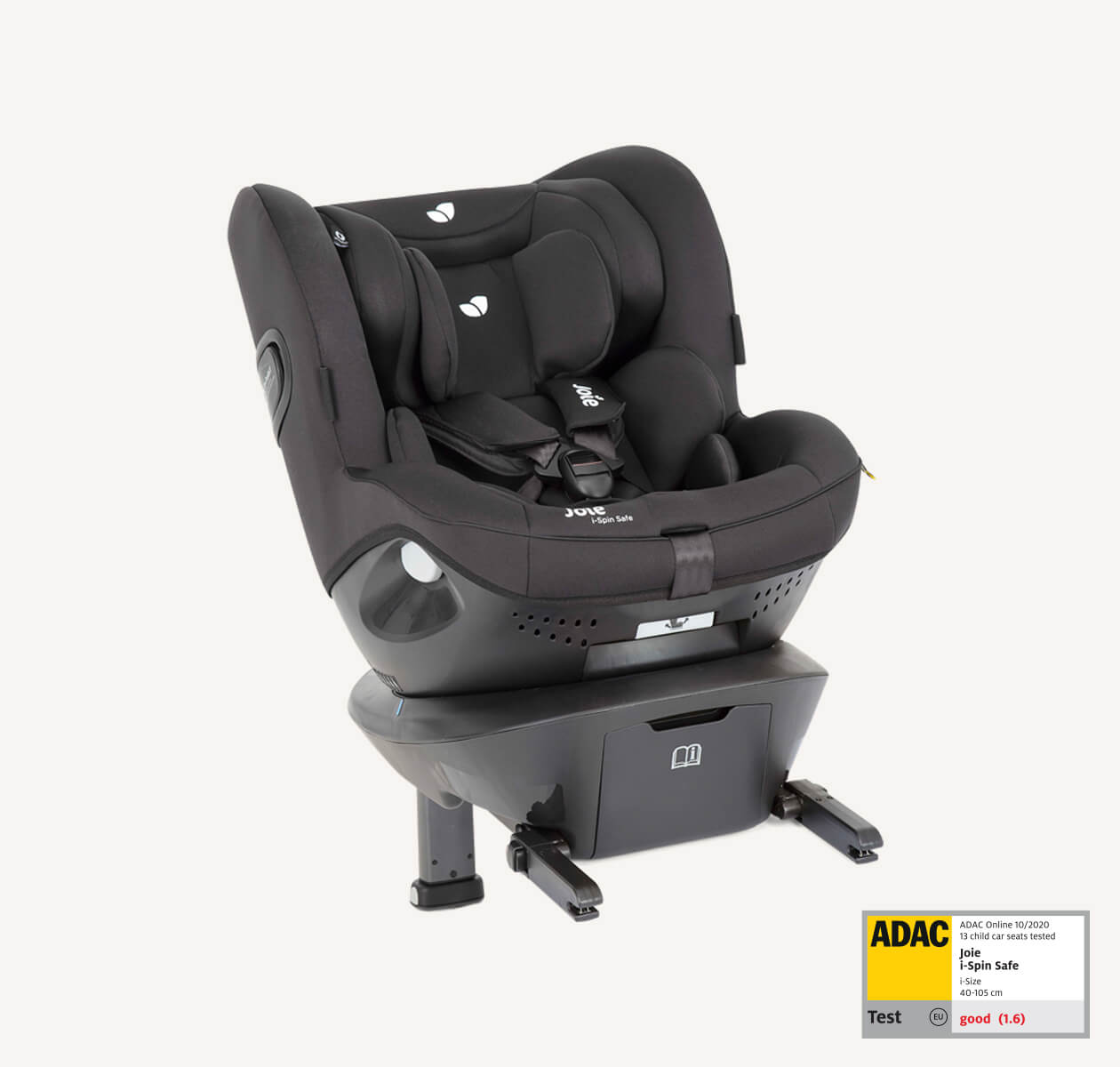 Joie I-spin safe en negro de perfil hacia la derecha, con la etiqueta de prueba ADAC en la esquina inferior derecha.  