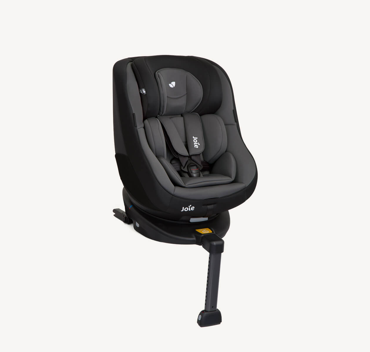 Joie spin 360 car seat in gray and black at an angle.