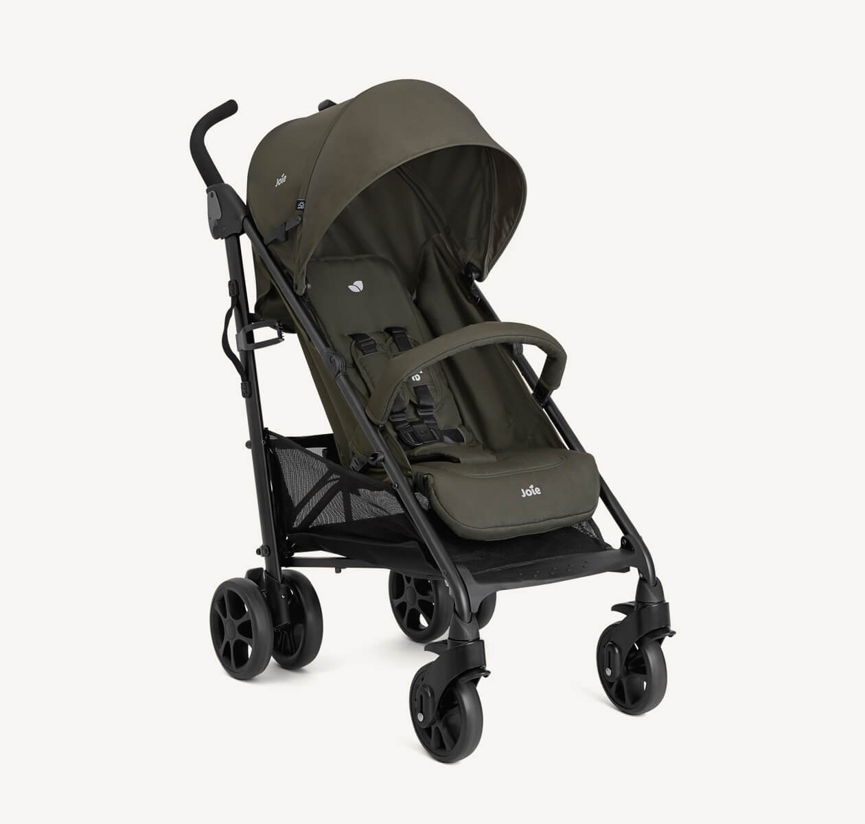 Joie brisk lx stroller in sage green positioned at a right angle.