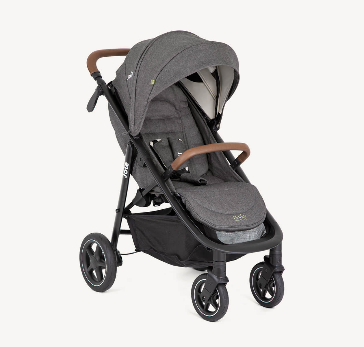Gray Joie Mytrax Pro stroller facing to the right at a 45 degree angle.
