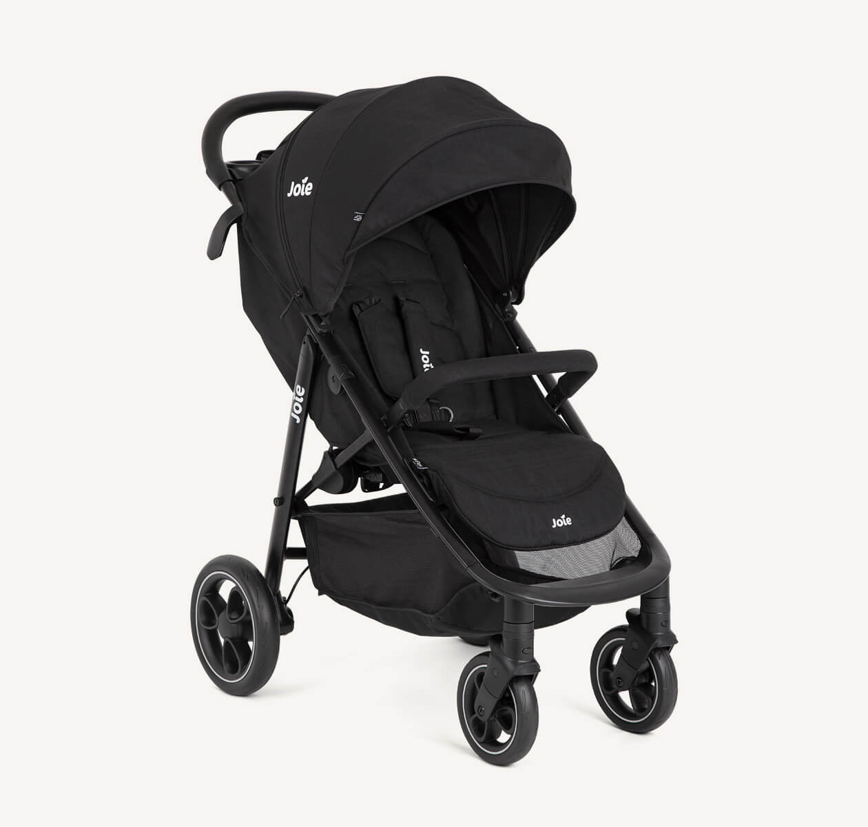 Joie black  litetrax stroller at an angle. 