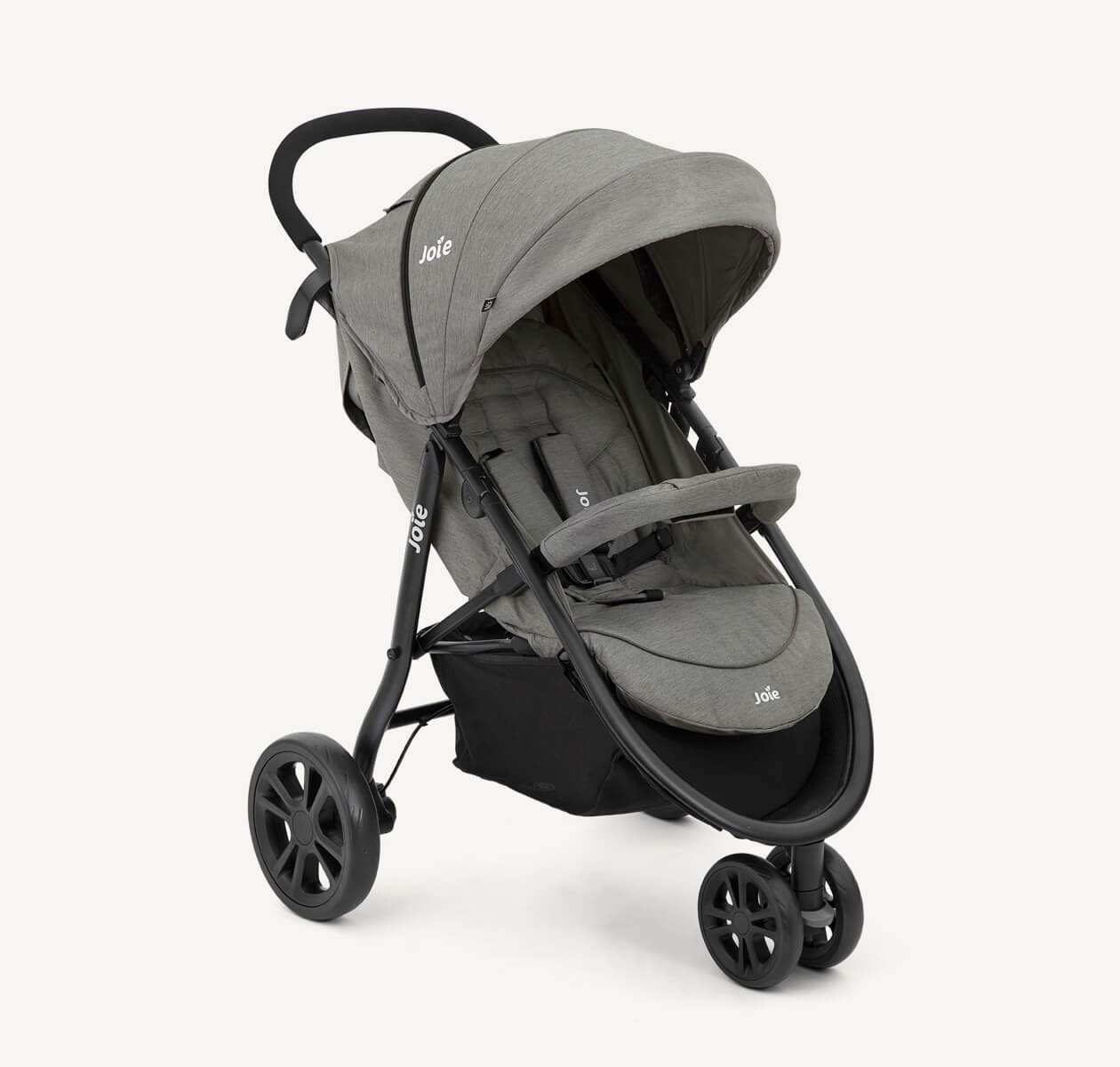 Joie litetrax 3 stroller in gray at an angle.