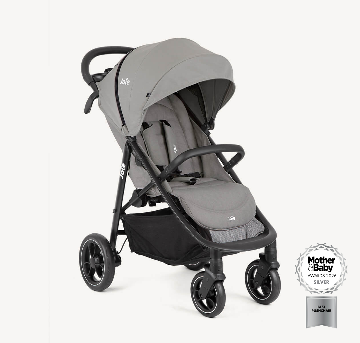 Joie litetrax pro pushchair in grey at a right angle. The image also features a logo indicating that the product is a 2026 mother and baby awards silver winner for best pushchair.