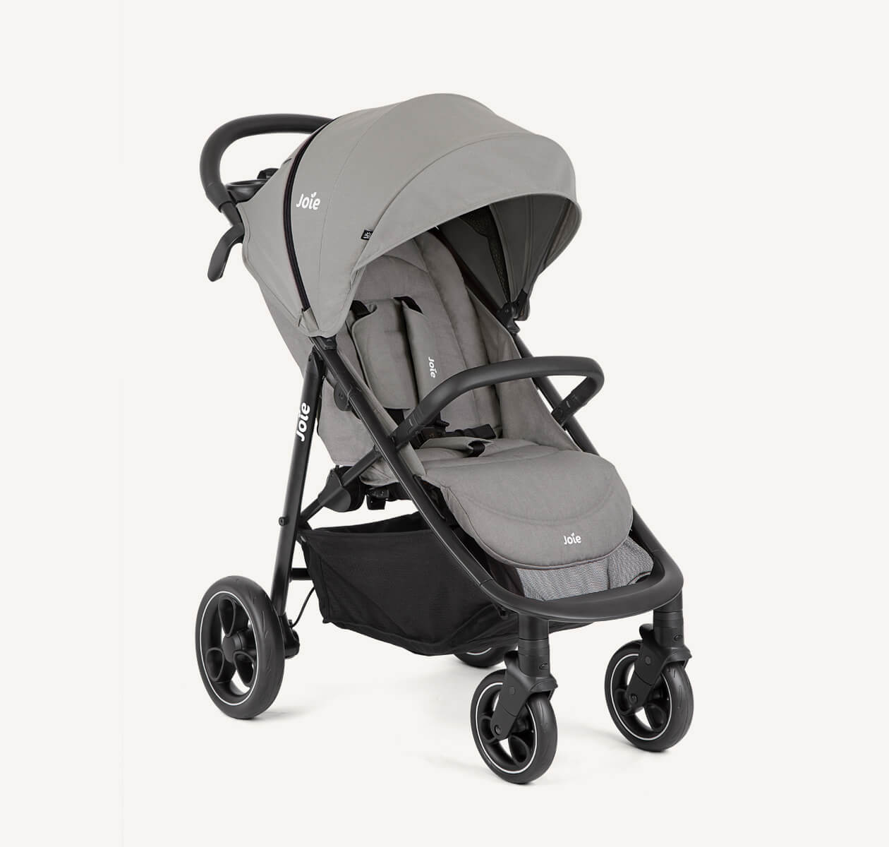 Grauer Joie litetrax pro Kinderwagen in einem schrägen Winkel.