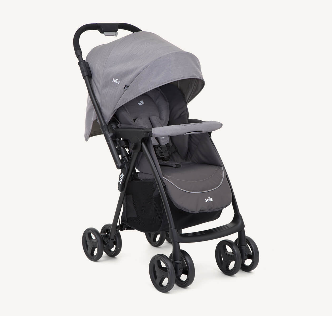 Joie Mirus pushchair is dark grey on right angle. 