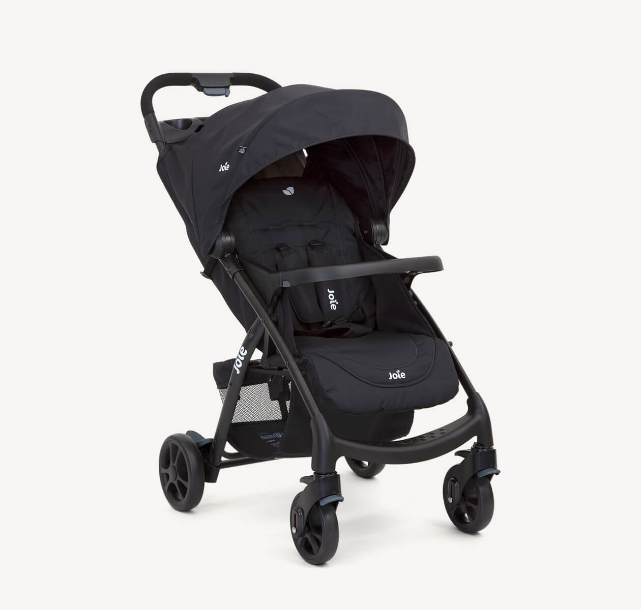  Joie black muze lx stroller positioned at a right angle.