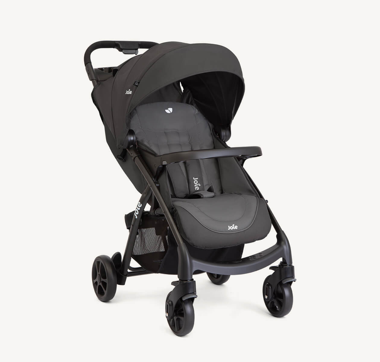 Joie muze lx stroller in gray positioned at a right angle.