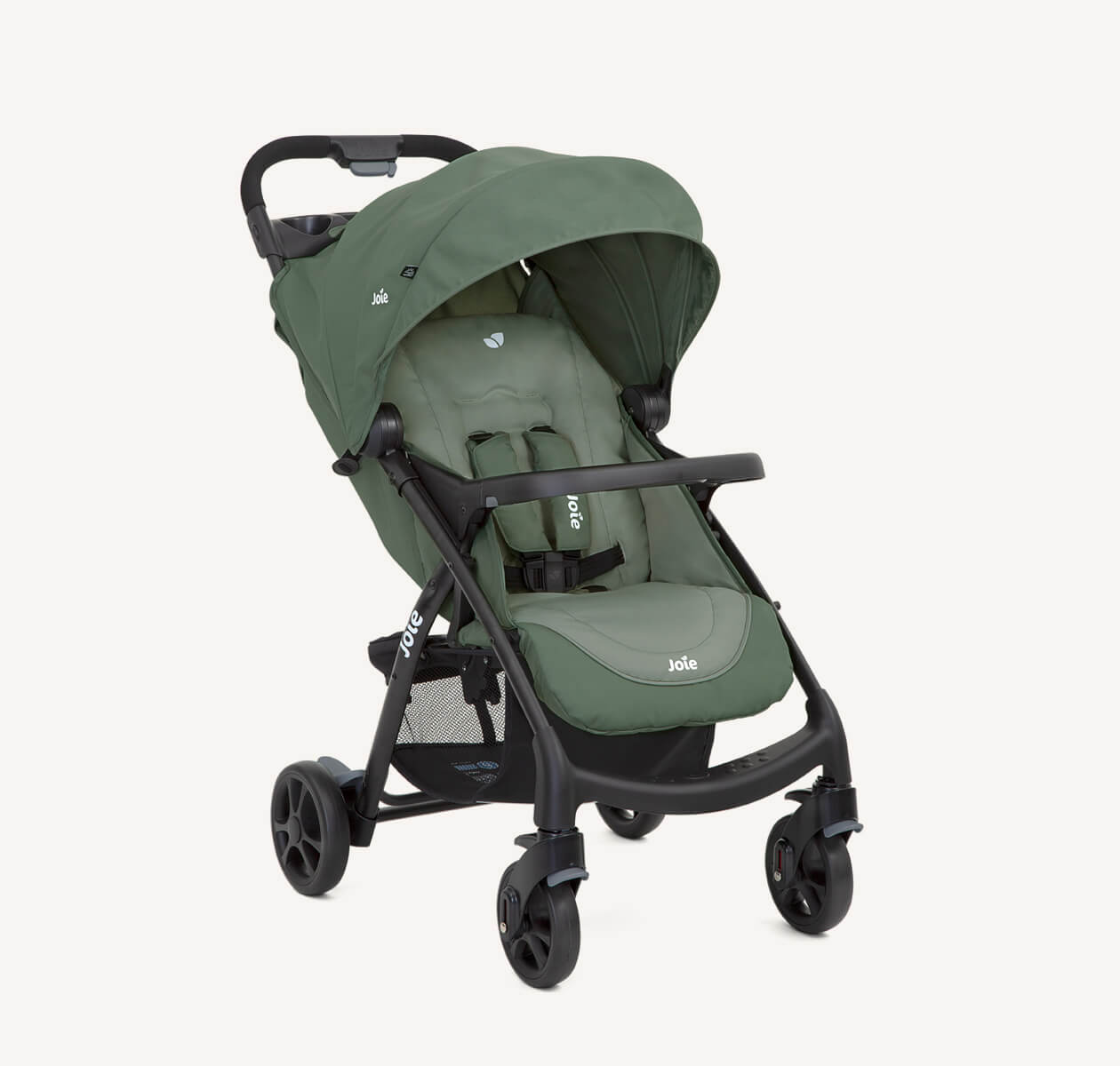 Joie light green muze lx stroller positioned at a right angle.