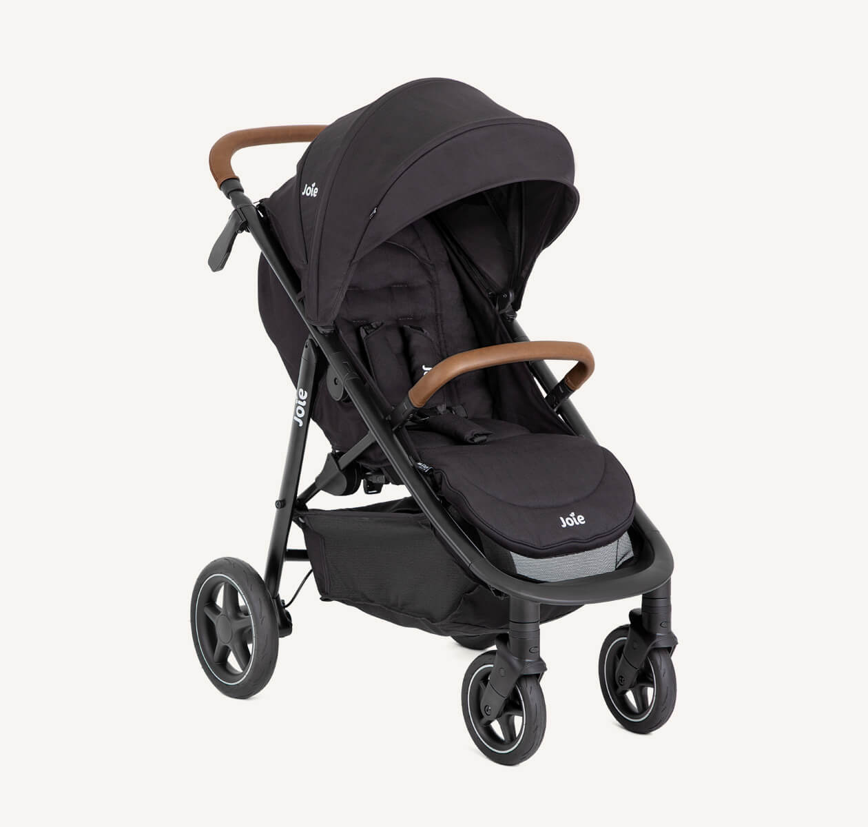 Black Joie mytrax pro stroller at a 45 degree angle.  